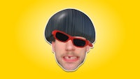 a man with sunglasses and a black hat on a yellow background